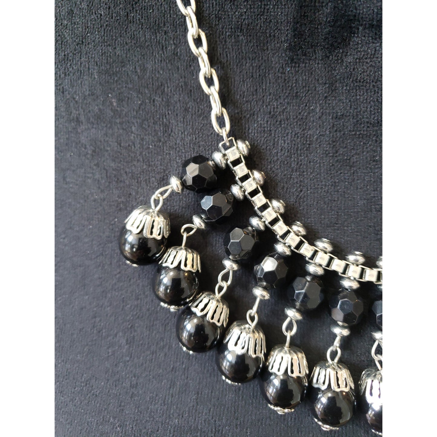 Vintage Black Beaded Necklace Silver Tone Statement with Faceted Drops