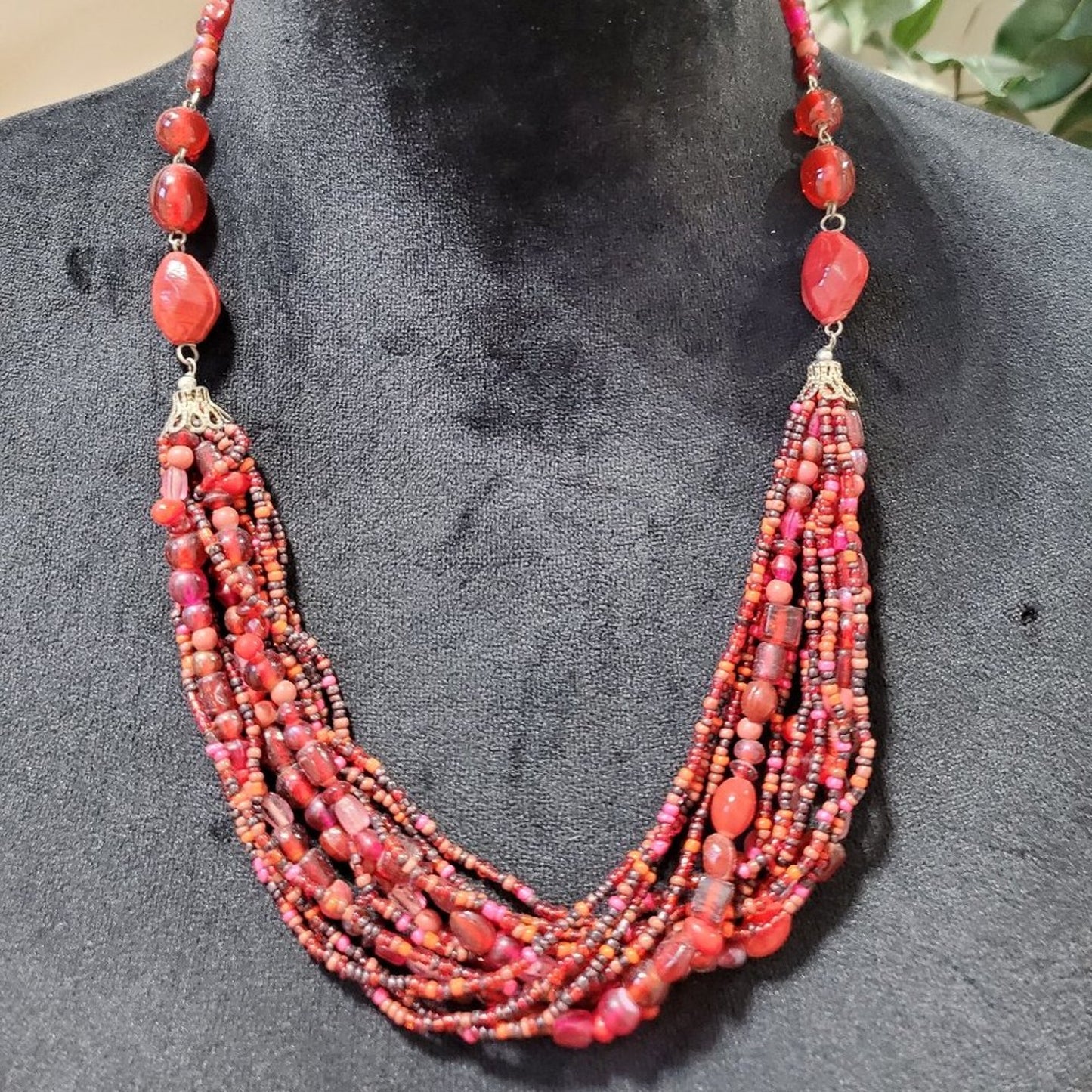 Womens Fashion Red Tibetan Glass Bead Multi-Strand Collar Necklace Lobster Clasp