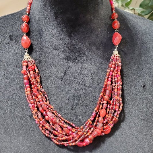 Womens Fashion Red Tibetan Glass Bead Multi-Strand Collar Necklace Lobster Clasp