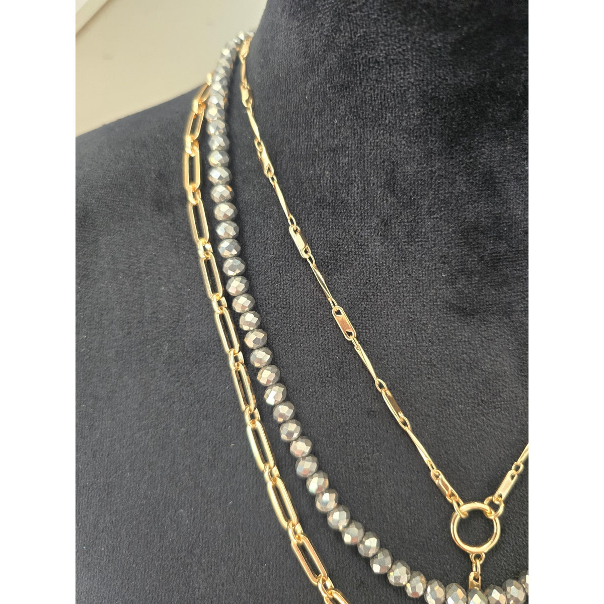 Gold Tone Faux Pearl Multi Strand Layered Pendant Statement Necklace