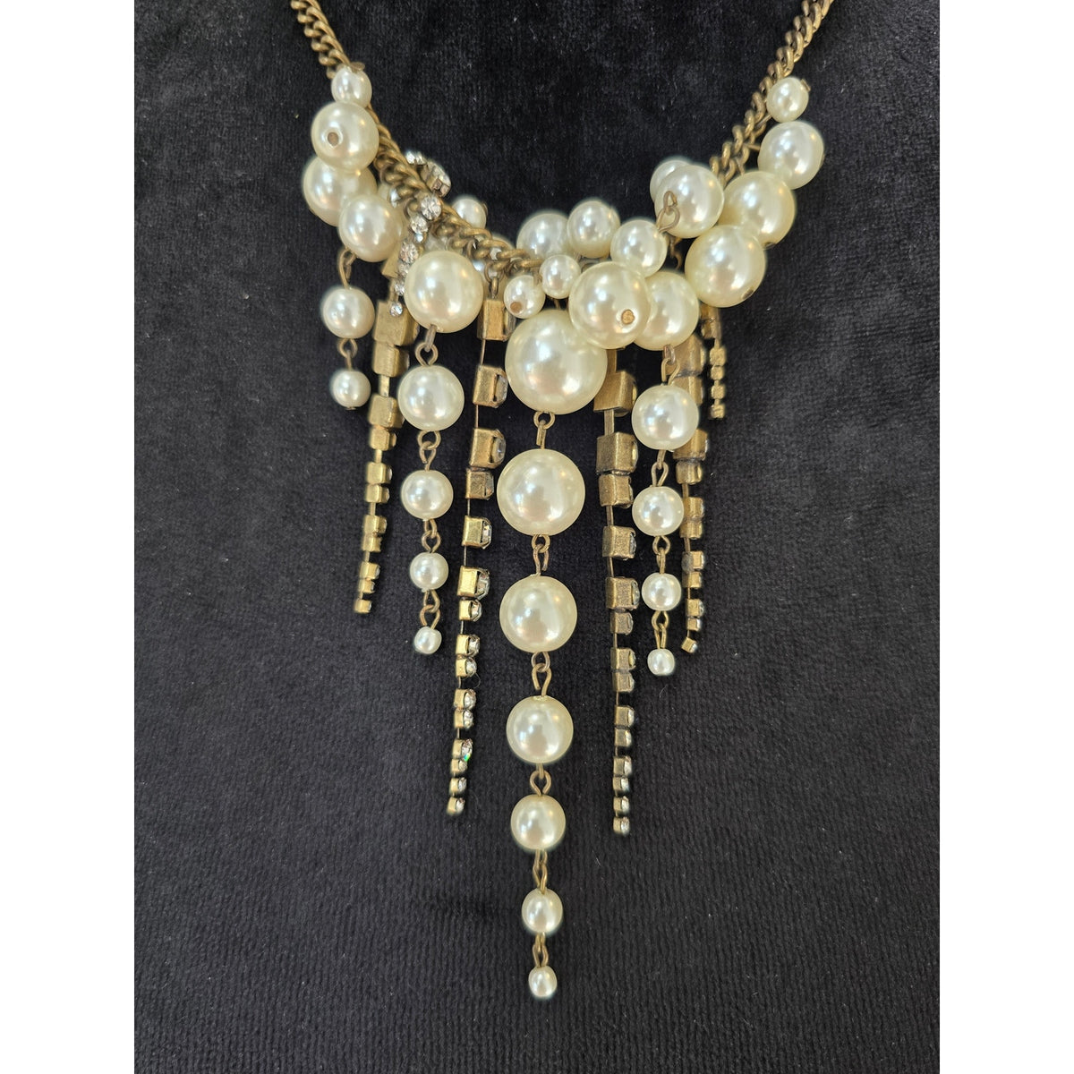 Faux Pearl Gold Tone Cascading Fringe Statement Necklace Elegant Fashion Jewelry