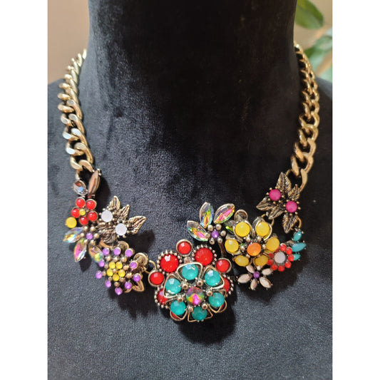 Women's Gold Tone Floral Statement Necklace and Earring Red Crystal Rhinestone