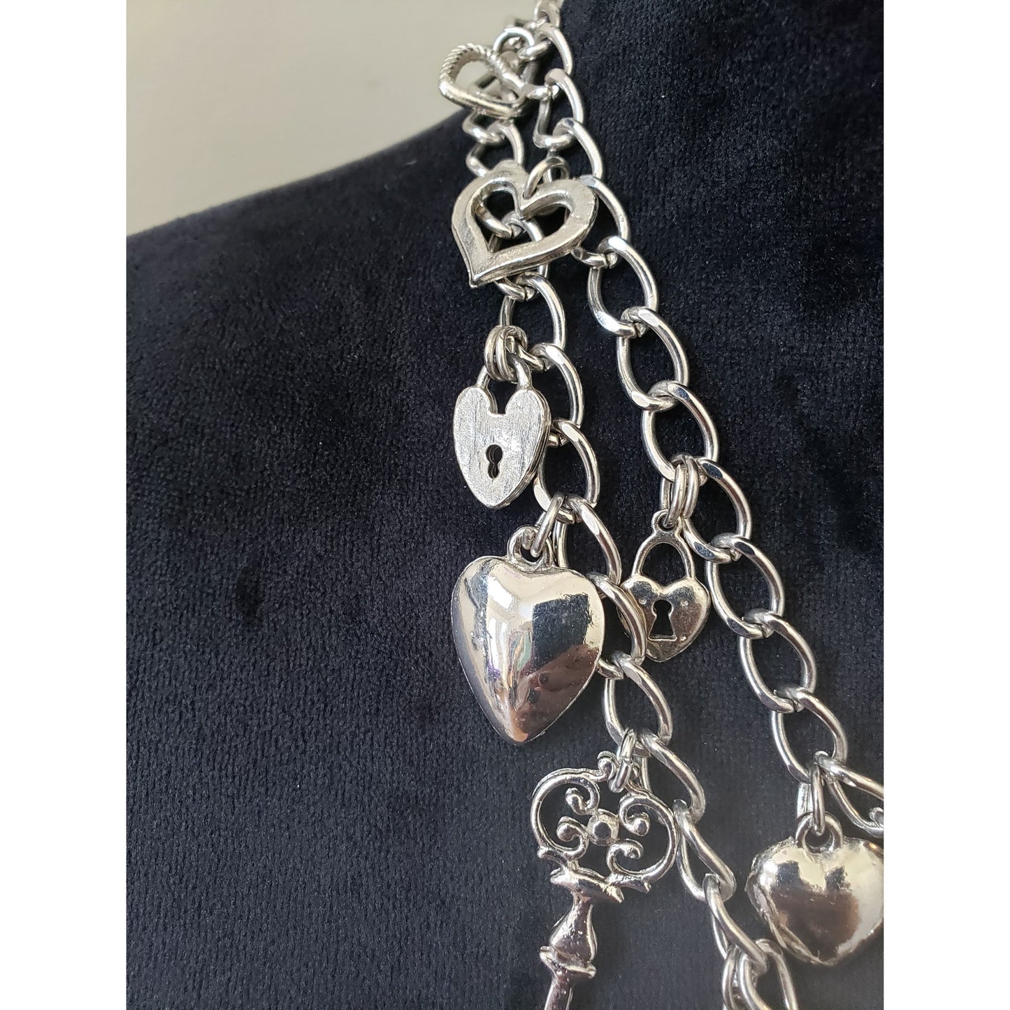 Womens 2 Strand Silver Plated Heart Star Key Charms Necklace with Toggle Clasp