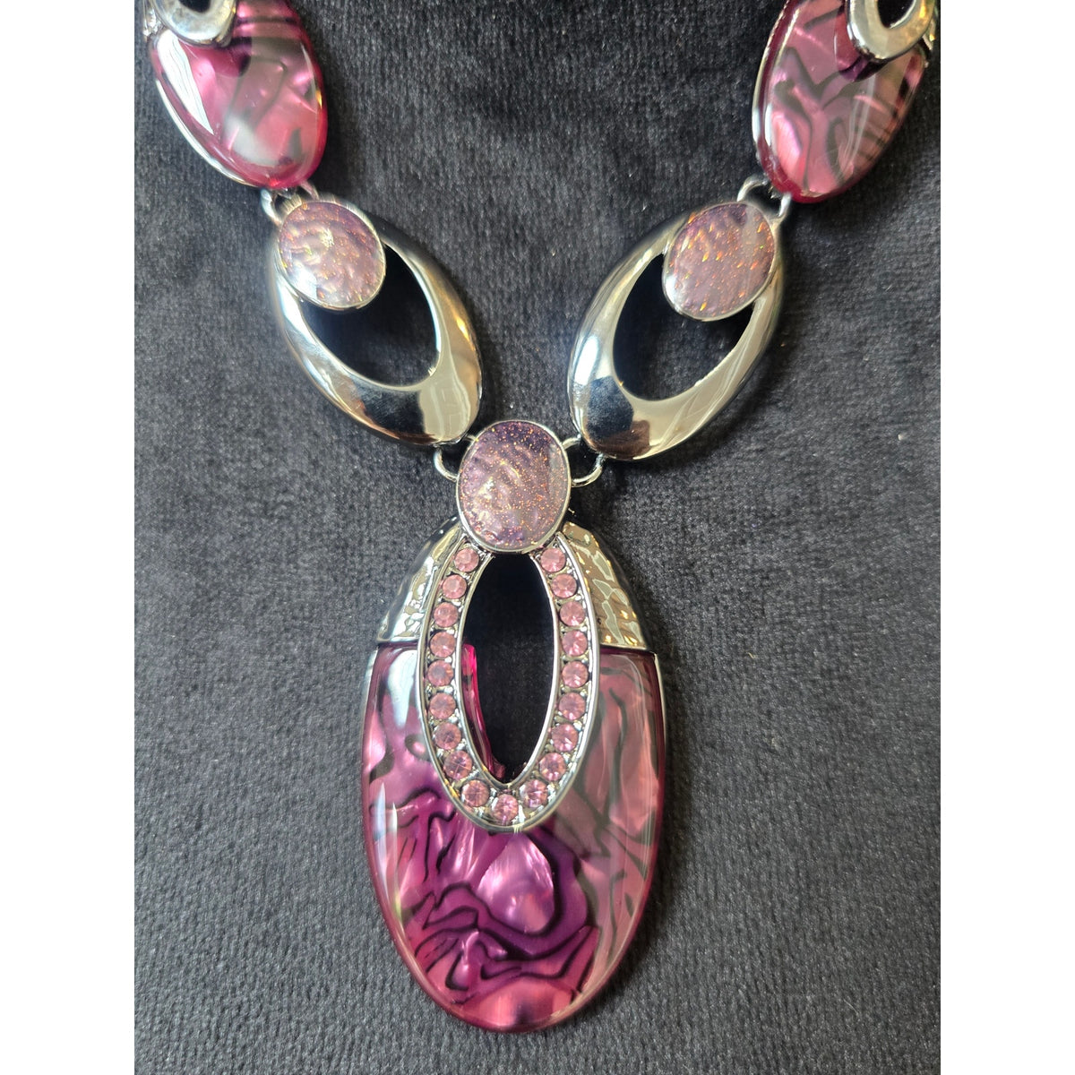 Pink Purple Abalone Shell Oval Pendant Statement Necklace and Earrings Set
