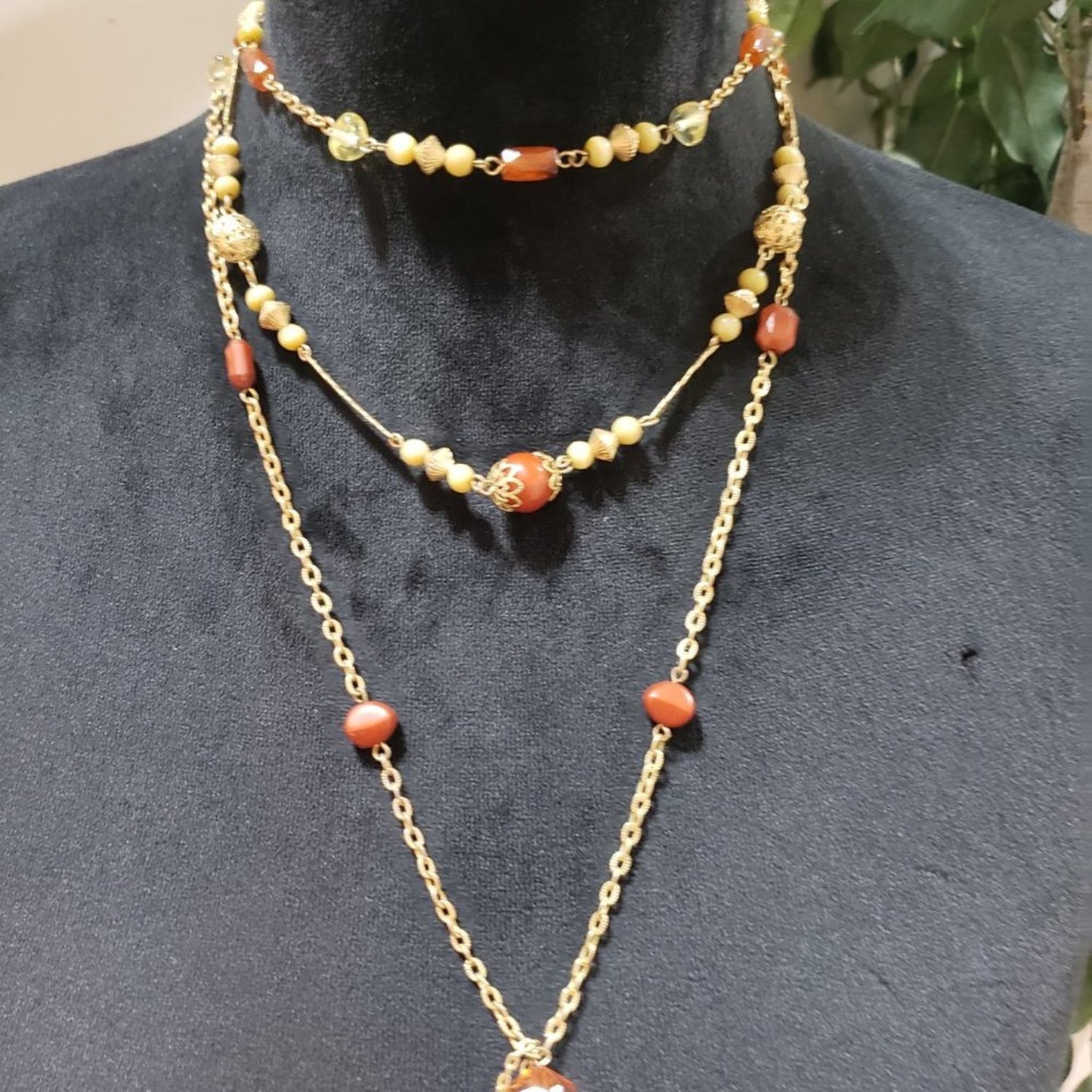 Women Fashion Triple Layer Beaded Charm Pendant Necklace with Lobster Clasp