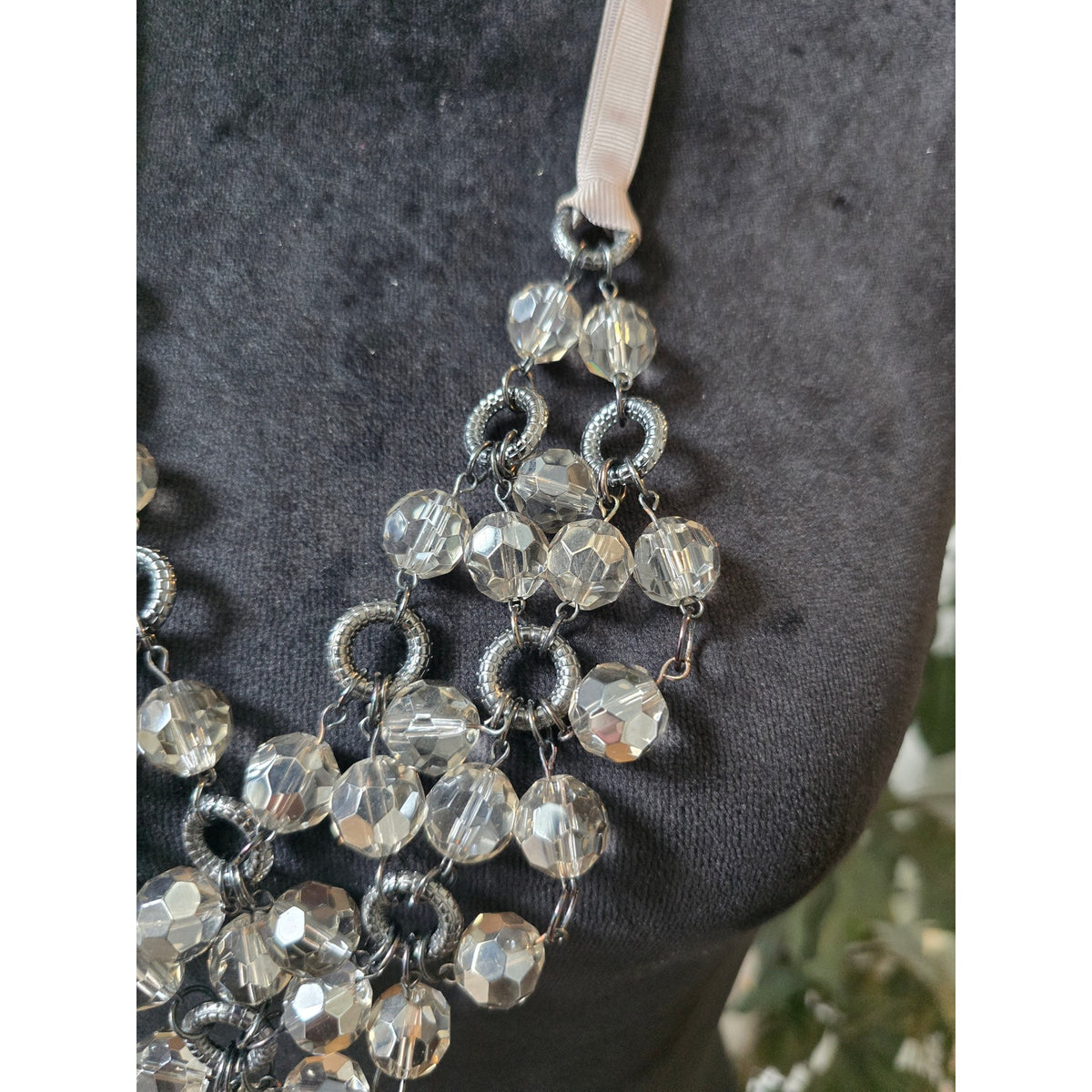 Silver Tone Smoky Gray Crystal Cluster Bib Necklace with Ribbon