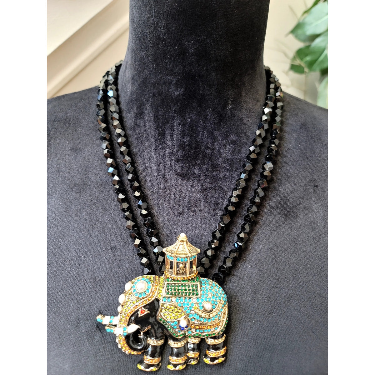 Black Beaded Elephant Pendant Necklace Turquoise Crystal Multi-Strand Statement