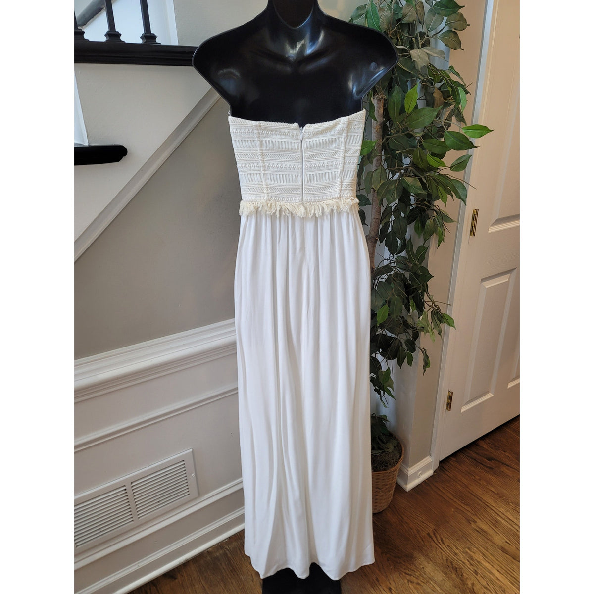 Ella Mass Lilita Strapless Maxi Dress Womens Size Medium White Lace Fringe Party