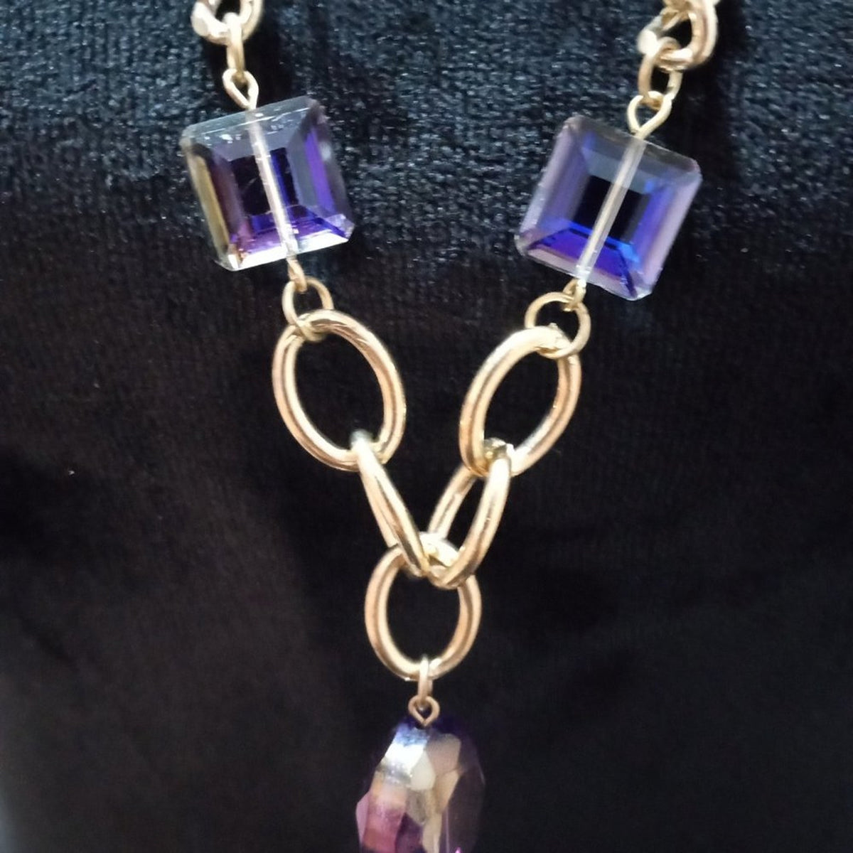 Women Fashion Elegant Blue Rhinestone Beads Gold Tone Tassel Pendant Necklace