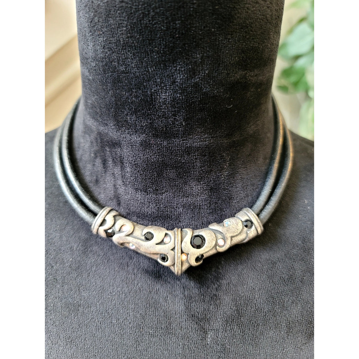 Black Leather Cord Choker Necklace with Antique Silver Tribal Slide Boho Gothic