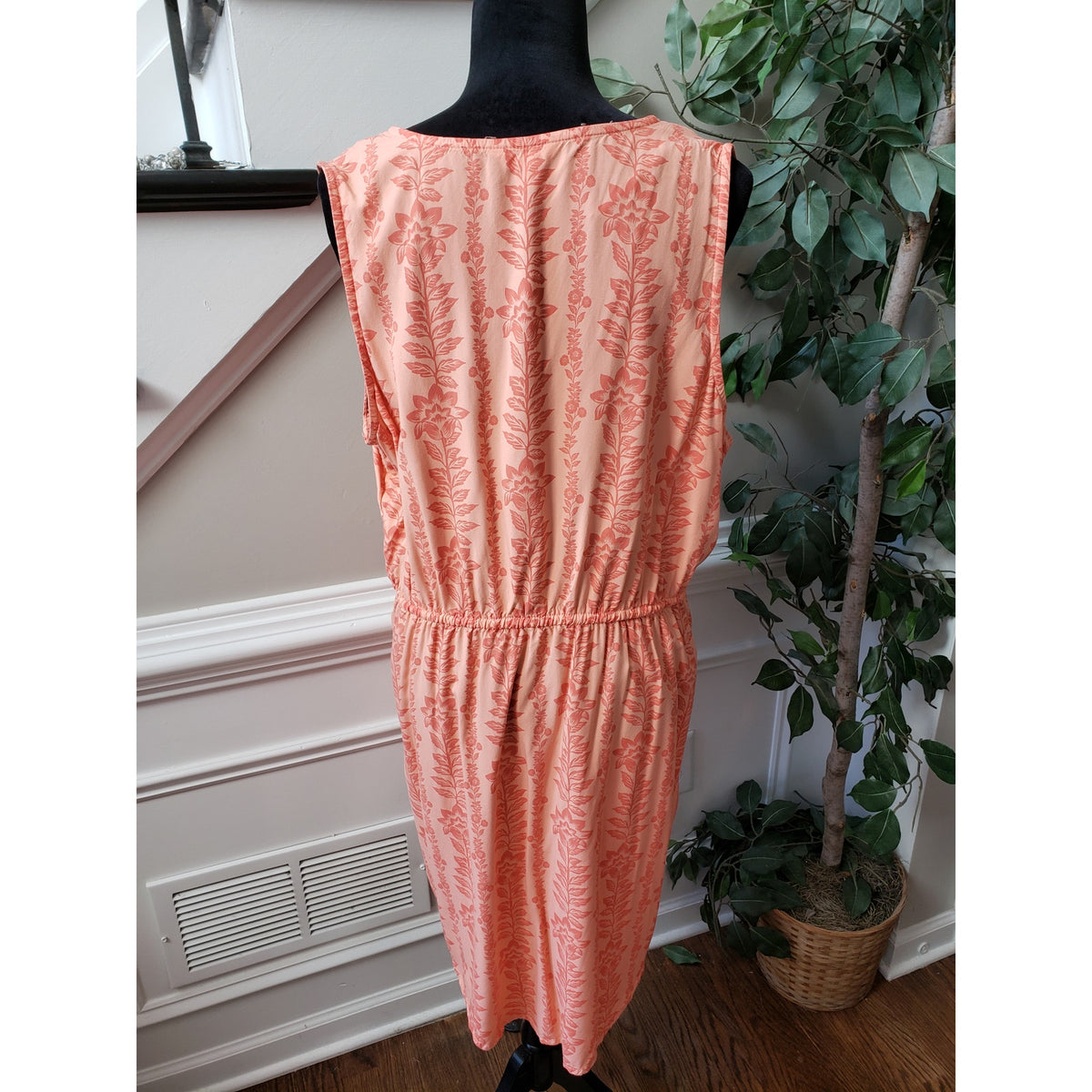 Time and Tru Knee Length Dress Women XL Orange Floral Surplice V Neck Drawstring