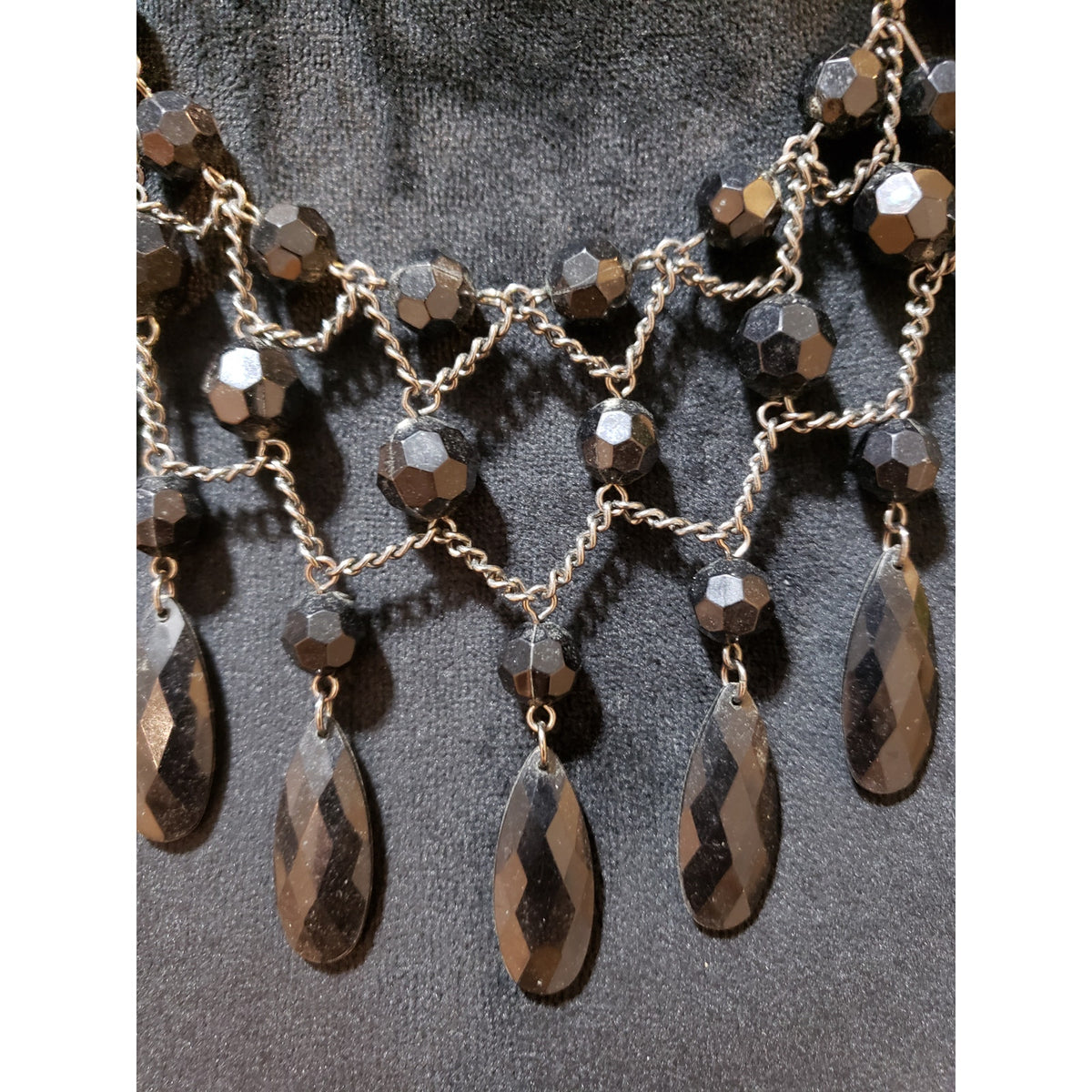 Womens Silver Tone Black Crystal Glass Beads Statement Necklace with Lobster
