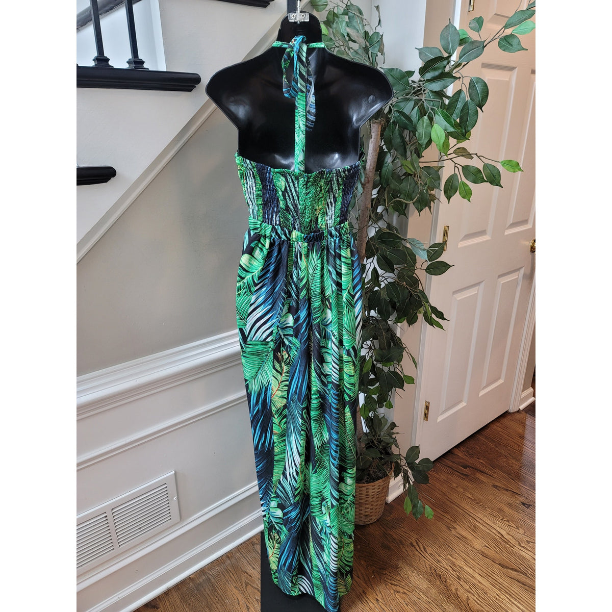 Shein Maxi Dress Women Small Green Black Tropical Halter Boho Summer Beachwear