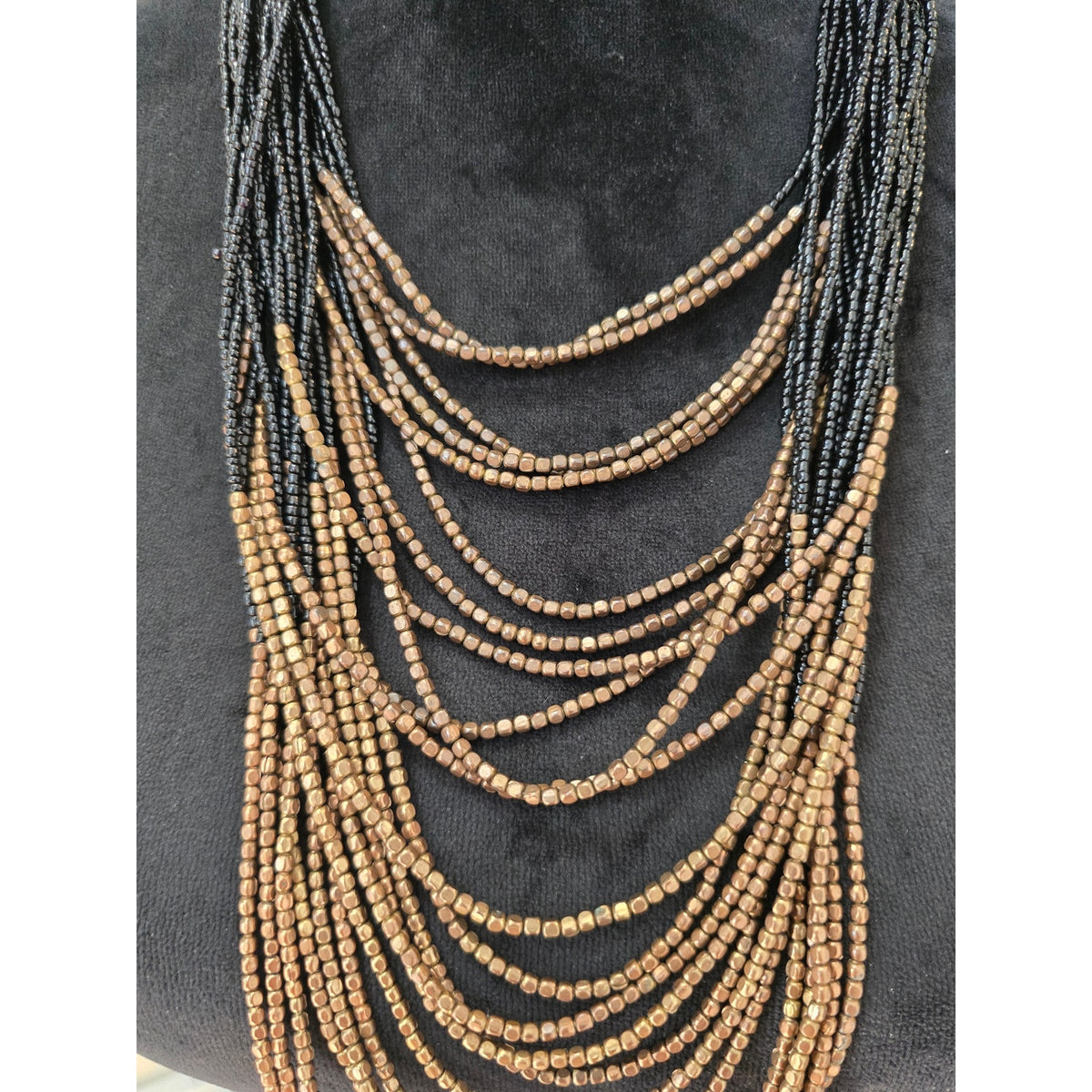Black & Bronze Multi Strand Beaded Layered Statement Necklace
