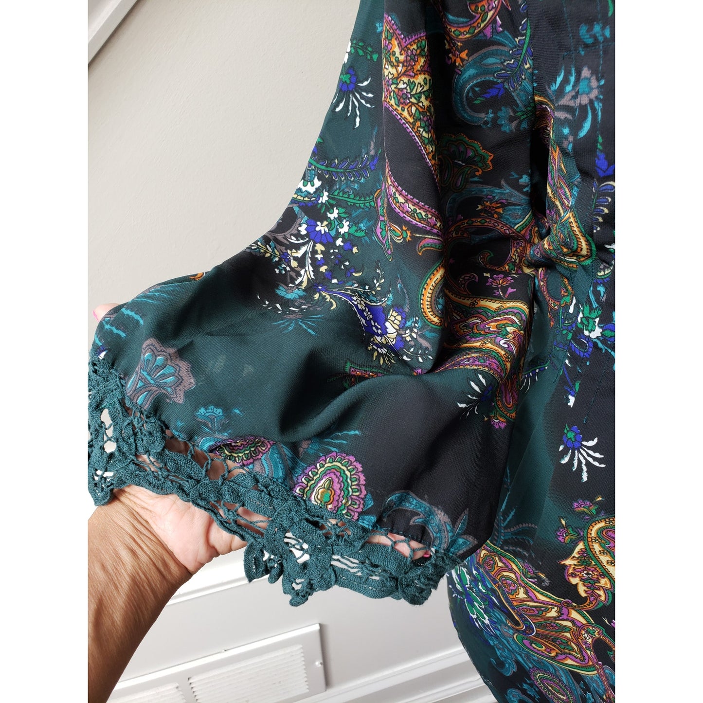 Denim 24/7 Tunic Top Womens 20W Green Paisley Lace Trim 3/4 Sleeve Button Front