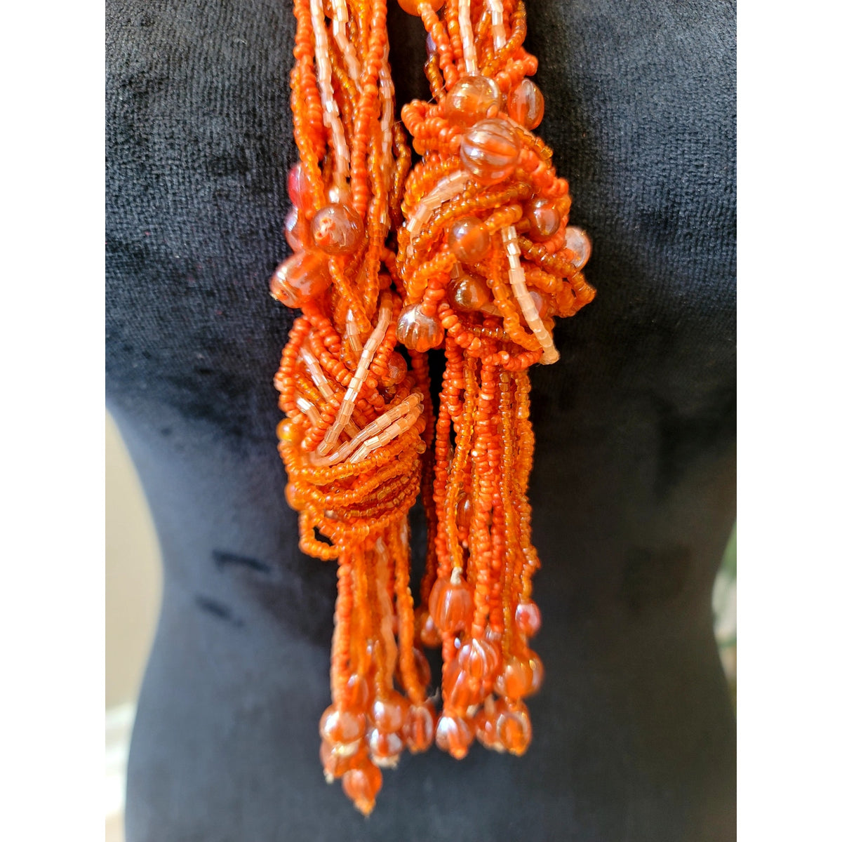 Vintage Orange Multi Strand Beaded Tassel Necklace Boho Statement Fringe Bib
