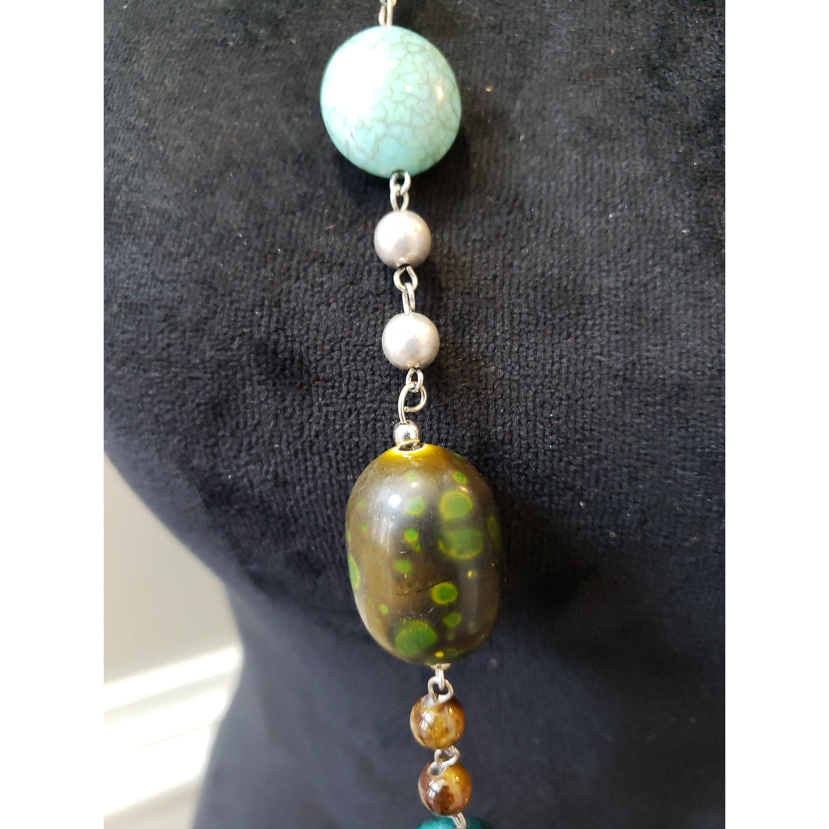 Women's Long Beaded Necklace with Turquoise and Earth-Tone Gemstone Accents
