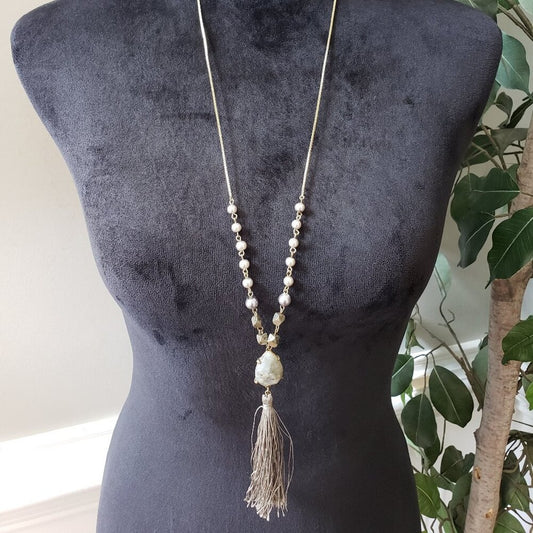 Loft Womens Silver Natural Stones Drop Eye Tassel Pendant Necklace Lobster Clasp