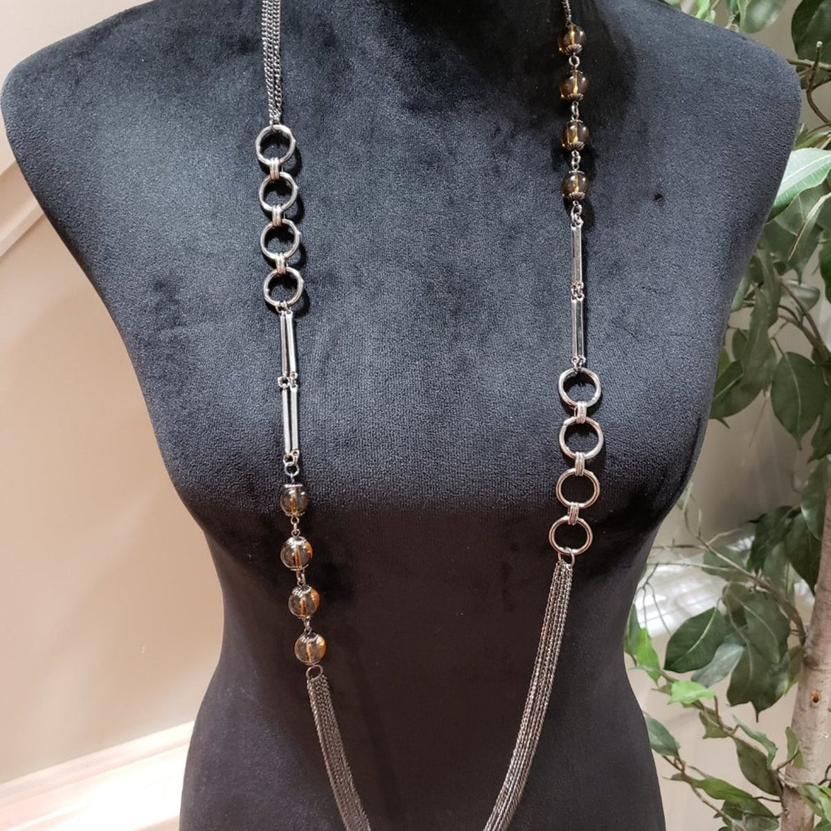 Womens Fashion Glass Round Beaded Long Chain Collar Necklace with Lobster Clasp