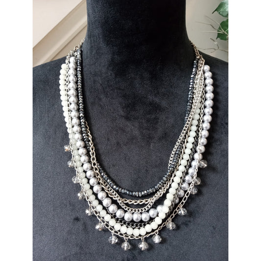 Layered Black White Pearl Statement Necklace Silver Tone Chain Rhinestone Bib