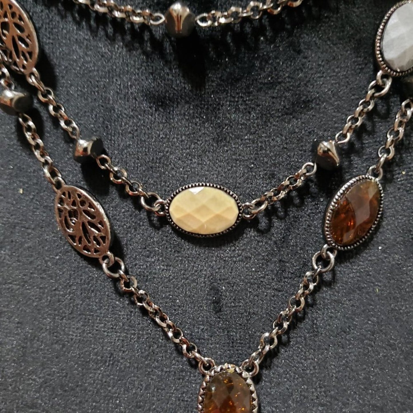 Women Fashion Triple Strand Multi Color Gemstone Beaded Statement Charm Necklace