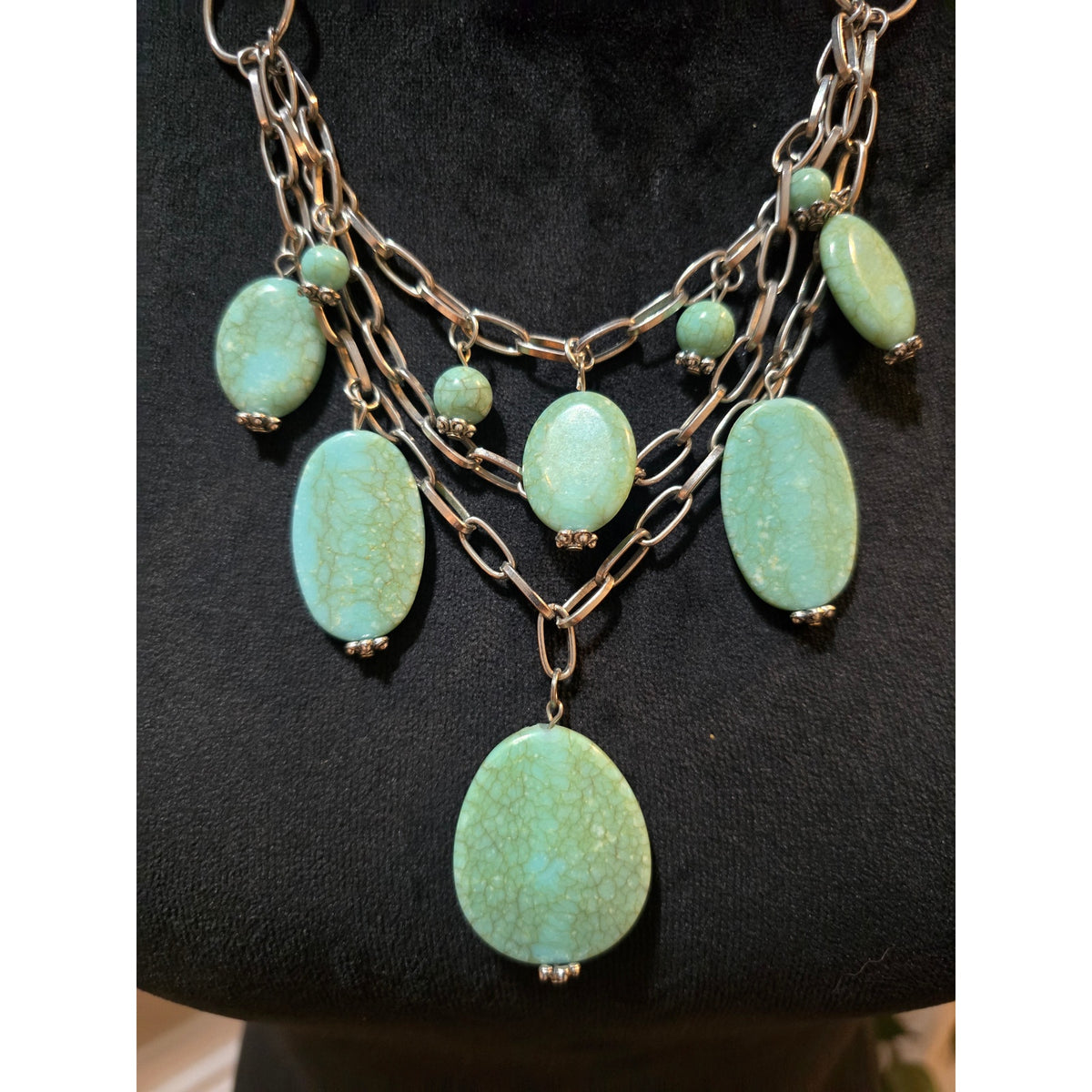 Women's Chunky Multi Strand Silver Tone Necklace Green Stone Statement Bib