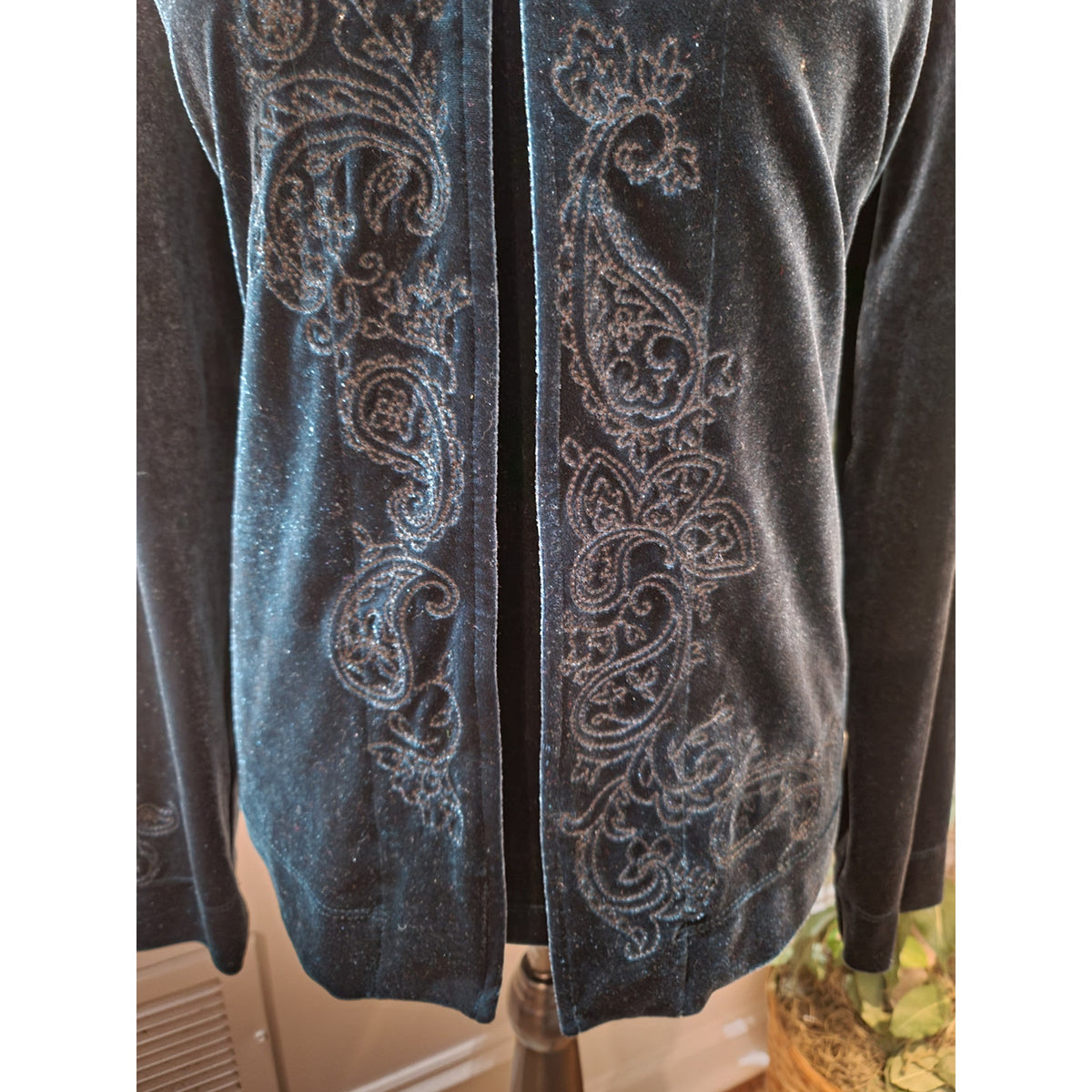 Chicos 2 Pc Cardigan Sweater Women SZ 2 Dark Blue Paisley Scoop Neck Long Sleeve