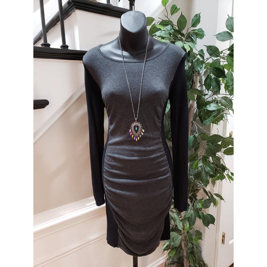 Express Women's Black Gray Round Neck Long Sleeve Knee Length Dress Small Petite