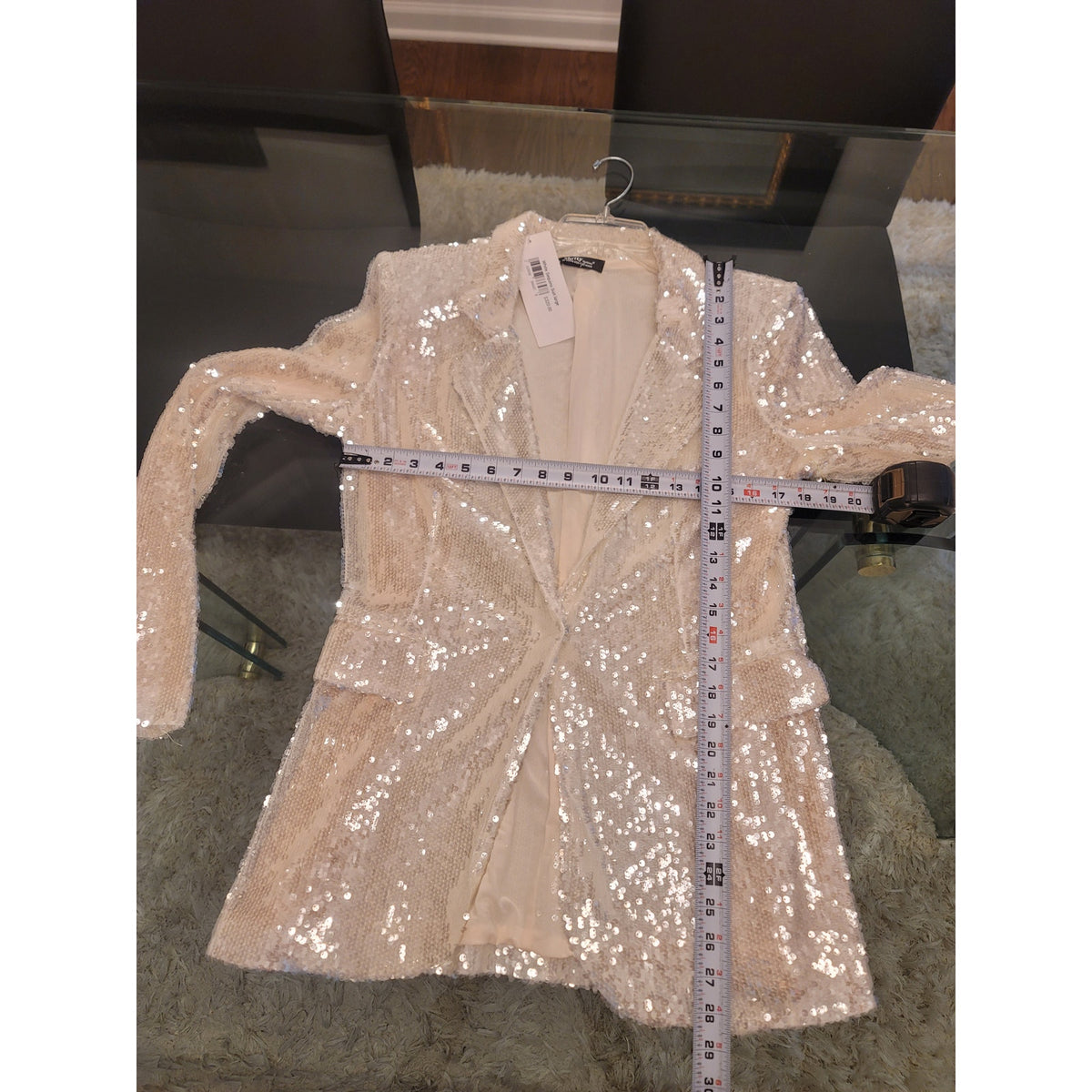 Celebrity Sequin Blazer Women's Large White Snap Button Fully Lined Faux Pockets
