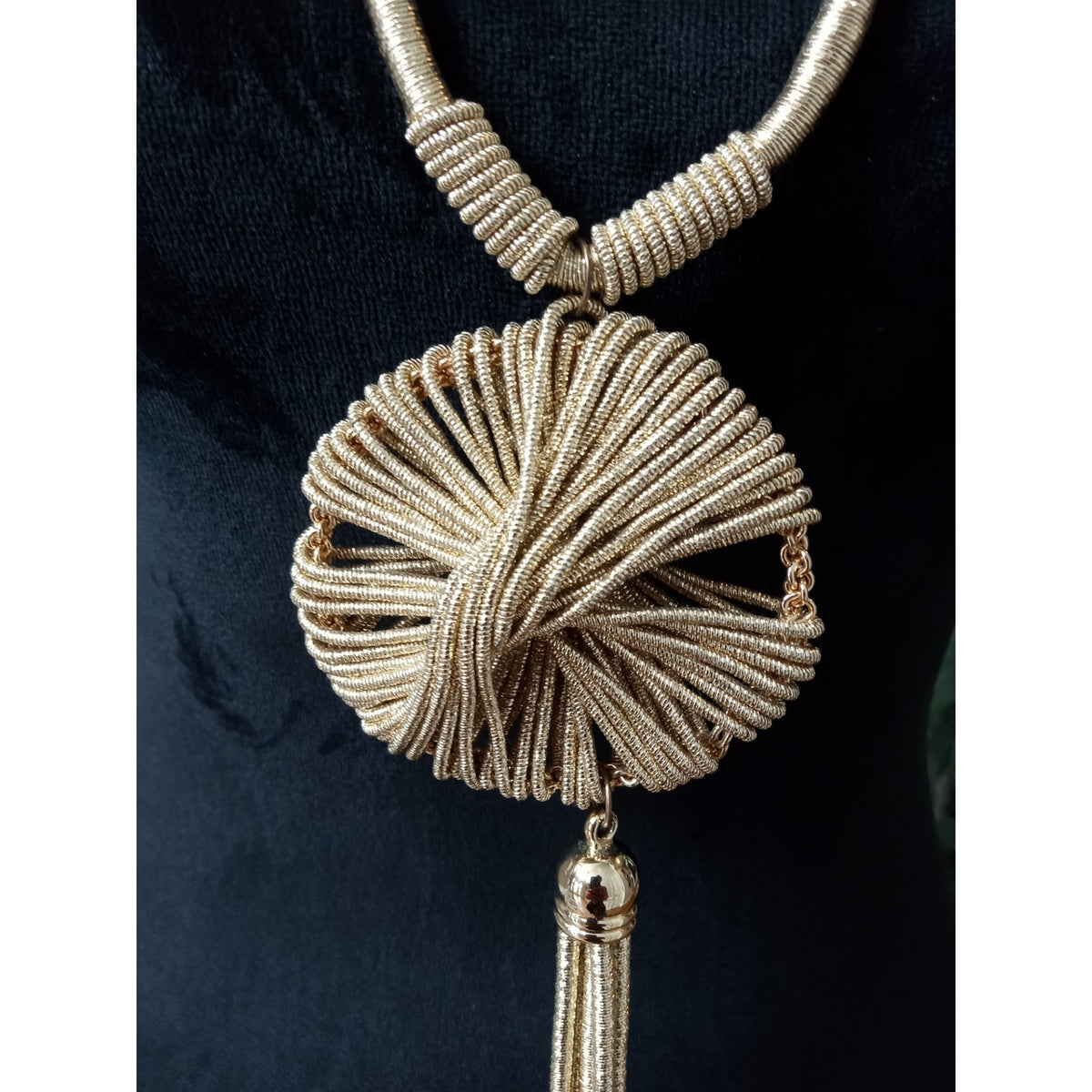 Long Gold Tone Necklace Textured Disc Pendant Chain Tassel Boho Statement