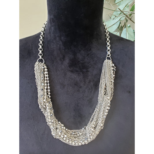 Womens Silver Tone Multi Strand Chains Rhinestone Strings Statement Necklace