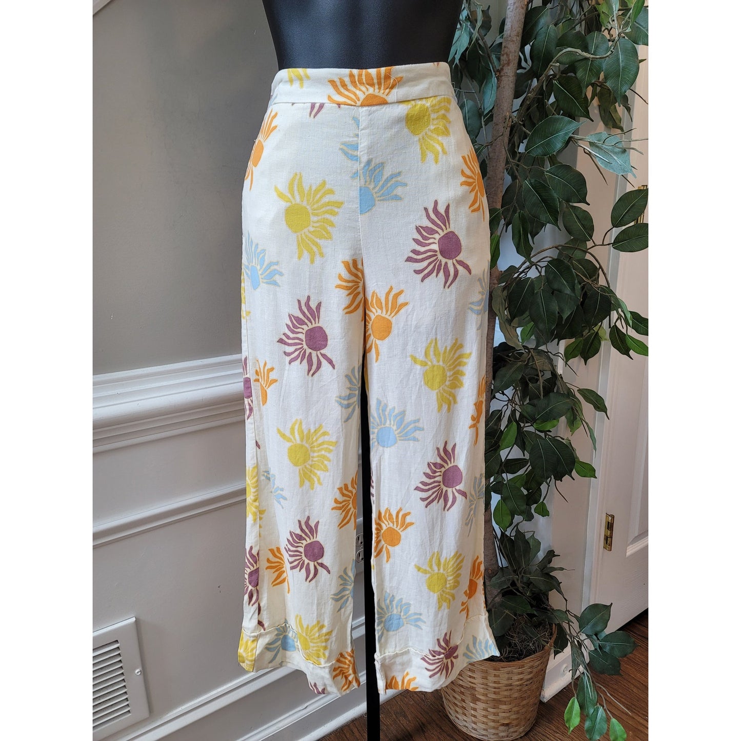 Zara Jumpsuit Girls Size 13/14 Multicolor Sun Print Linen Blend Cropped