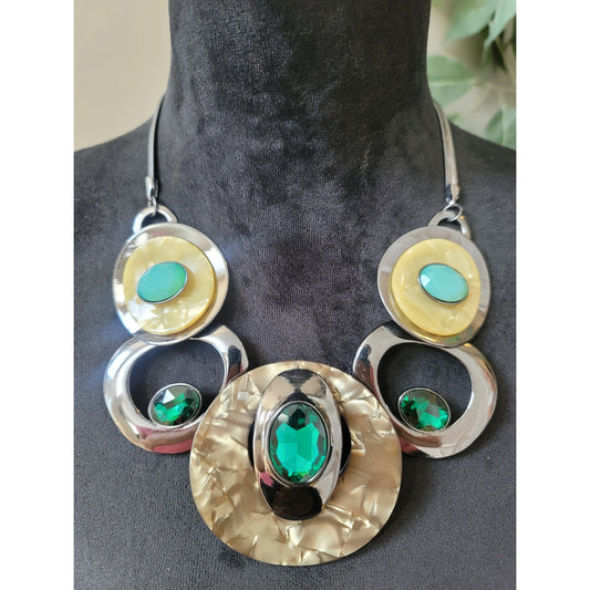 Women Statement Necklace Green and Turquoise Stones with Lobster Clasp Earrings