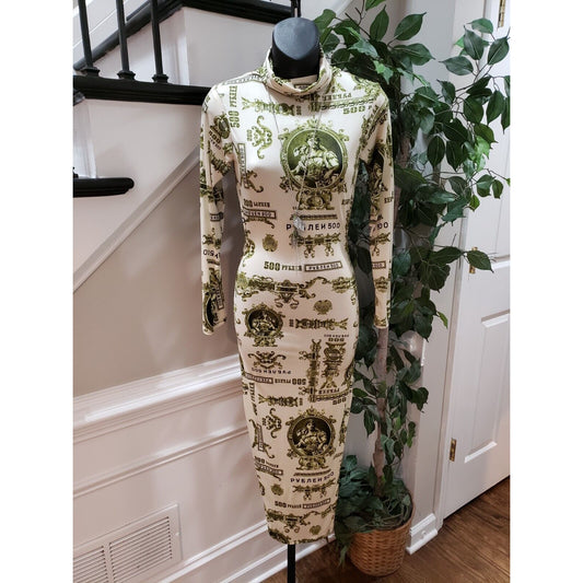 Women's White Green Graphic Print Cut Out Mock Neck Long Sleeve Maxi Dress Small