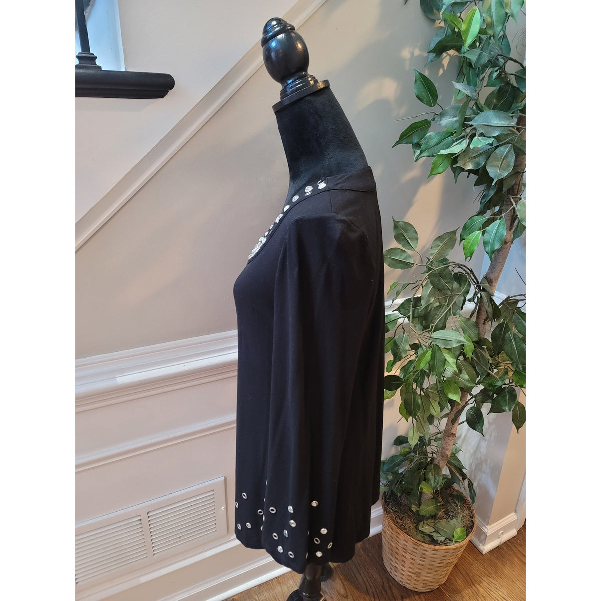 INC International Concepts Blouse L Black Rhinestone Grommet Embellished Scoop