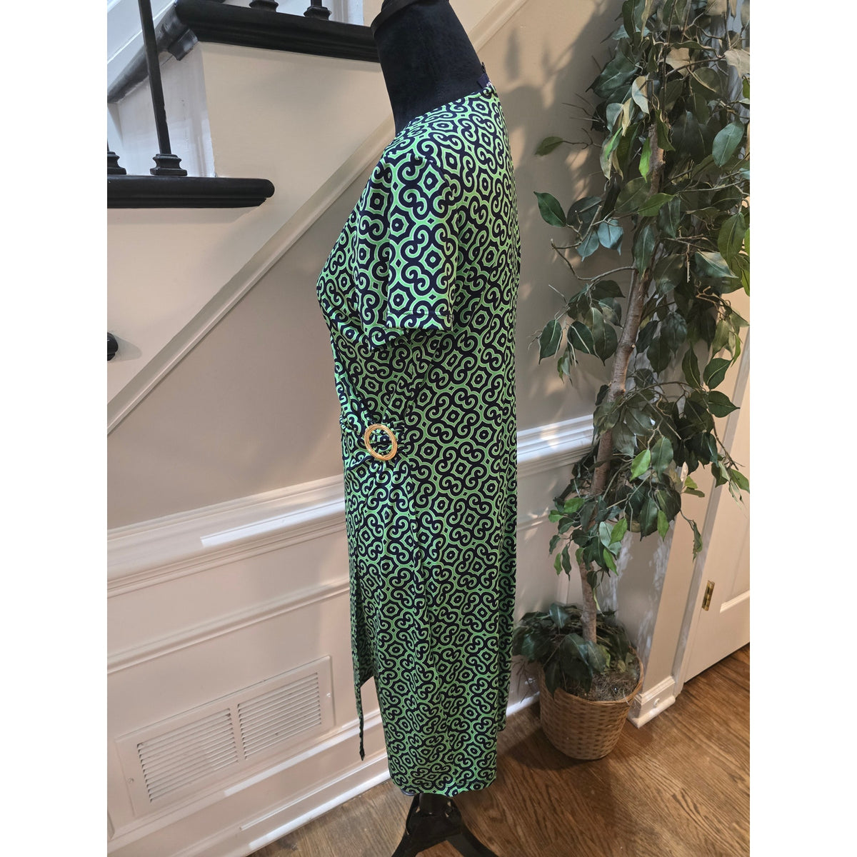 Jones New York Midi Dress Women's Medium Green/Black Geometric Faux Wrap V Neck