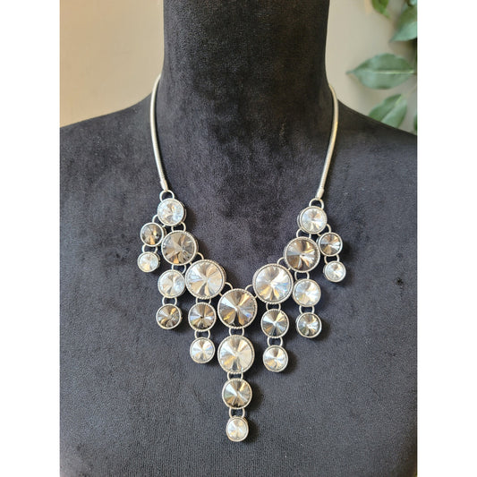 Women's Silver Statement Necklace With Lobster Clasp Layered Disc Crystal Design