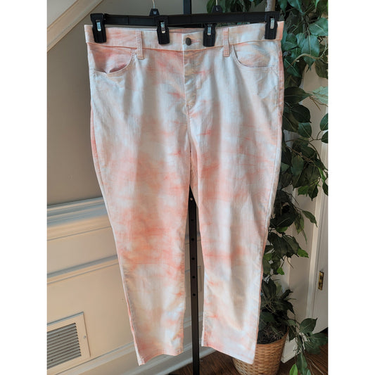 Chico's Ankle Pants Women's 2.5 (14) Pink White Tie Dye Cotton Stretch Slim Fit