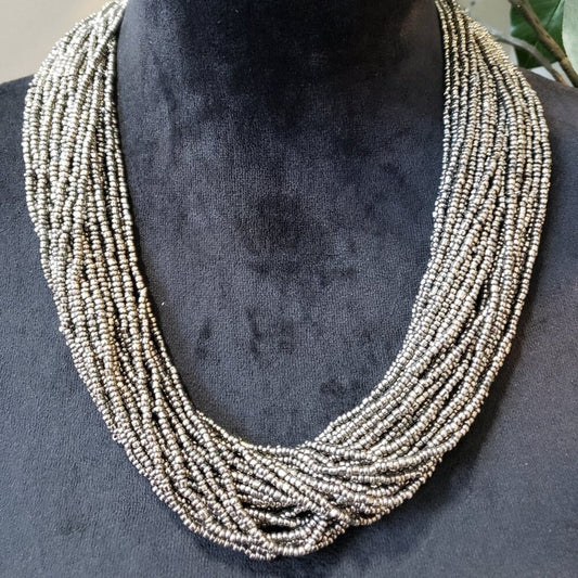 Womens Fashion Chunky Multi layered Metalic Seed Bead C-Link Necklace Jewelry