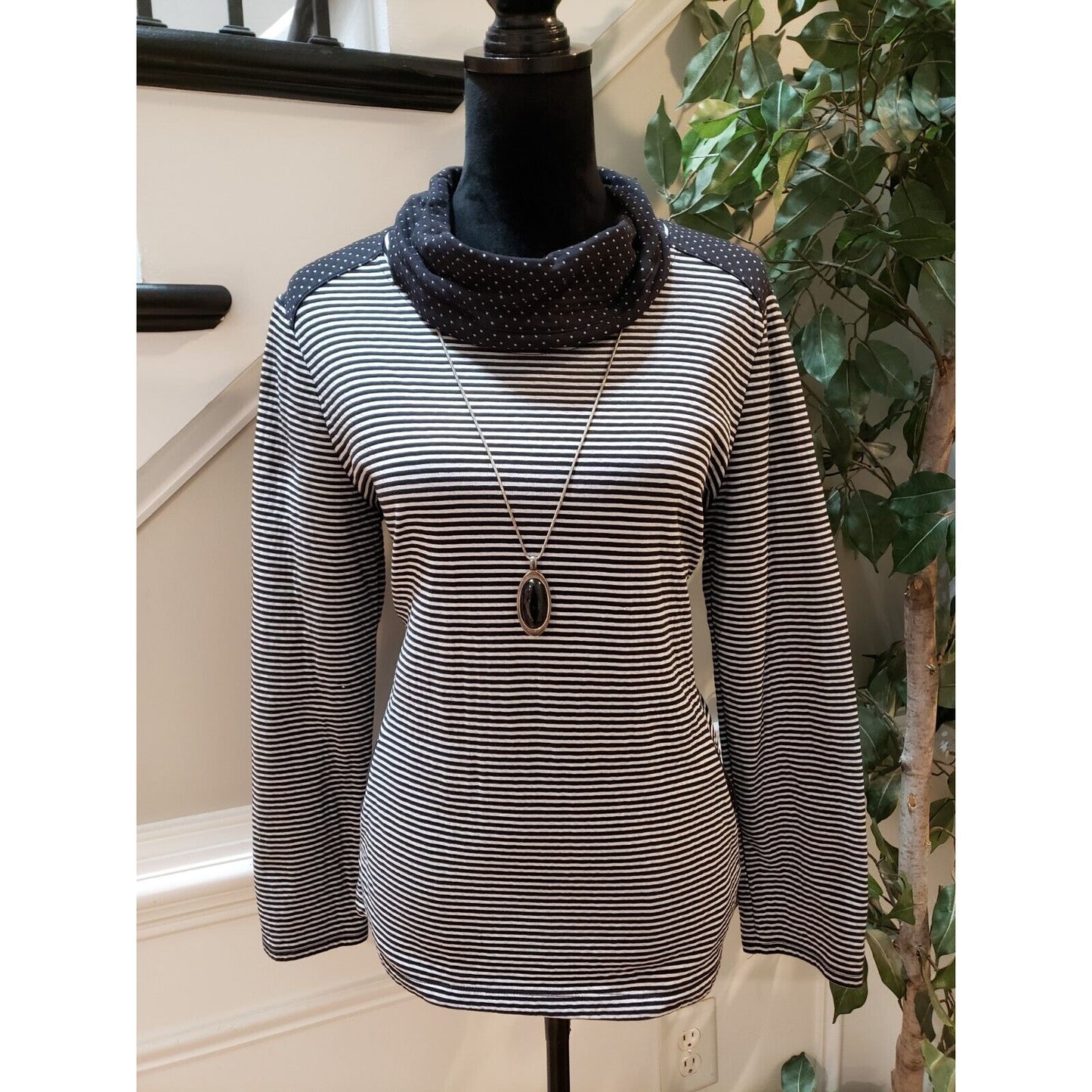 Weekends by Chico's Women's Black White Striped Long Sleeve Cowl Neck Sweater 1M