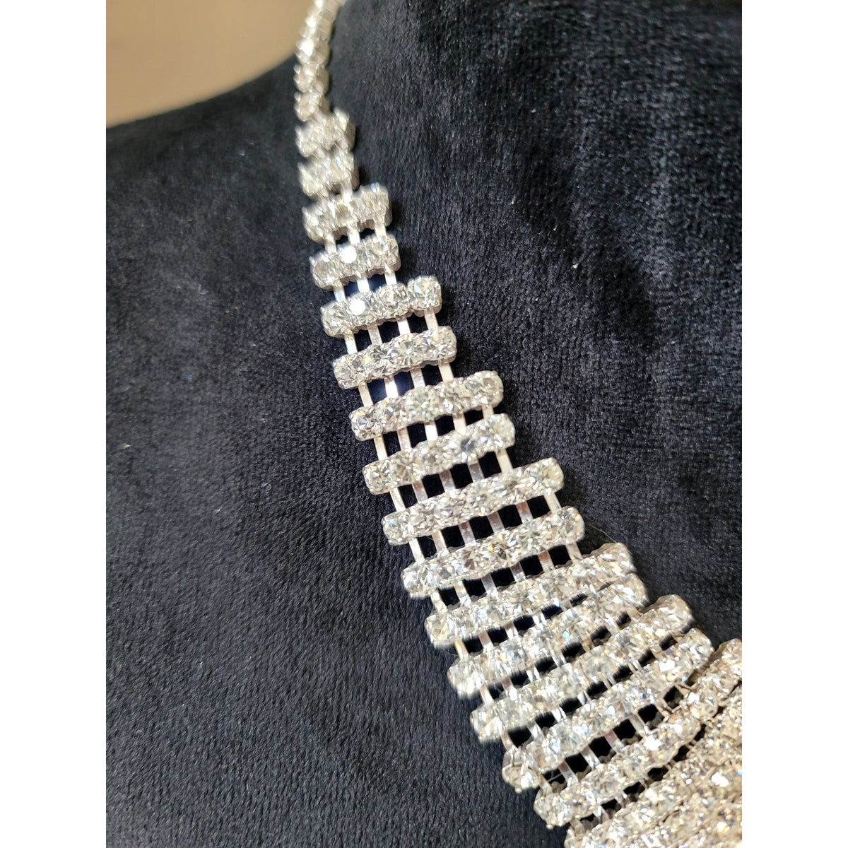 Vintage Rhinestone Statement Necklace & Earring Set Silver Tone Bridal Glam