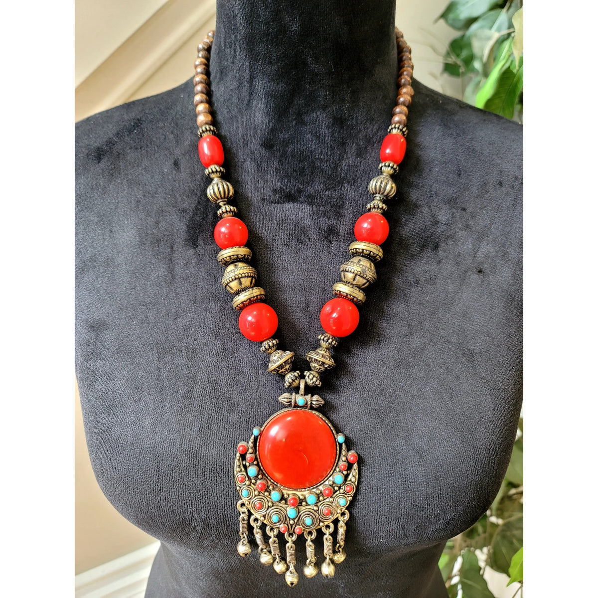 Boho Red Coral Medallion Pendant Necklace Turquoise Beaded Tribal Statement