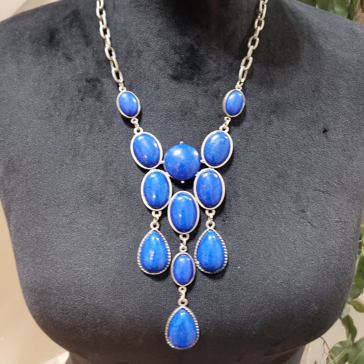 Women's Blue & Gold Chain Teardrop Beaded Stylish Statement Fashion Necklace