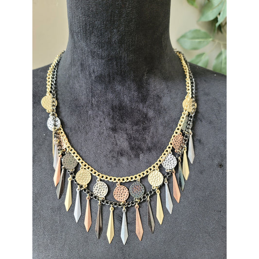 Women's Multi Tone Chain Fringe Necklace with Geometric Dangle Pendants