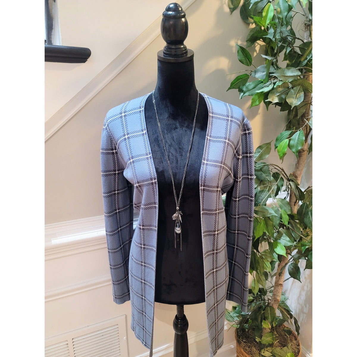 Loft Cardigan Sweater Women's Medium Blue Windowpane Plaid Longline Open Front