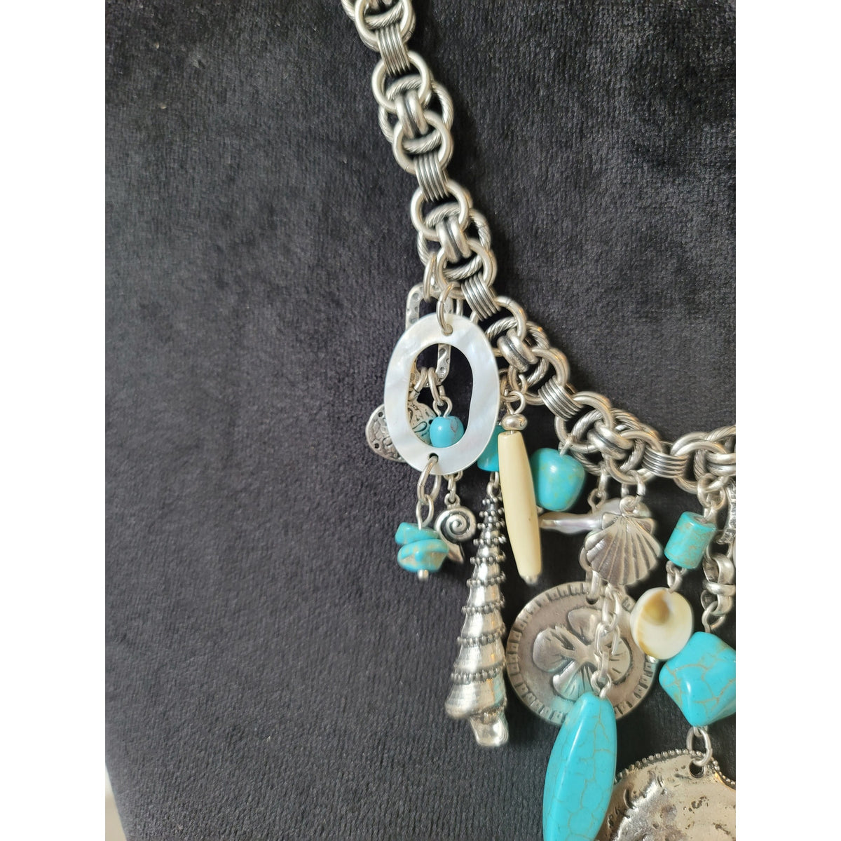 Chico's Women's Silver Tone Charm Necklace With Toggle Lock Fish Shell Beads