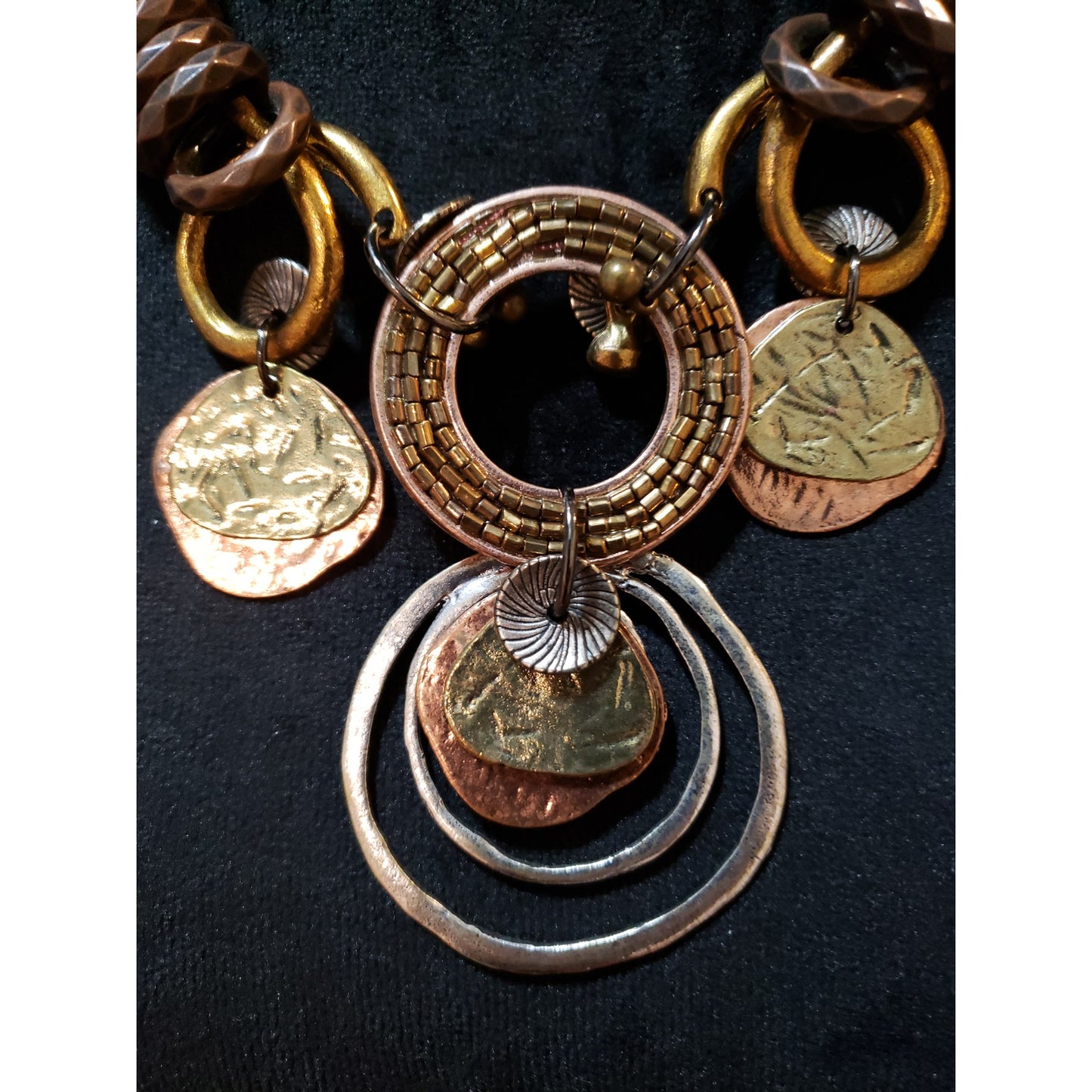 Womens Fashion Boho Multi Tone Hammered Coins Circles Charm Statement Necklace
