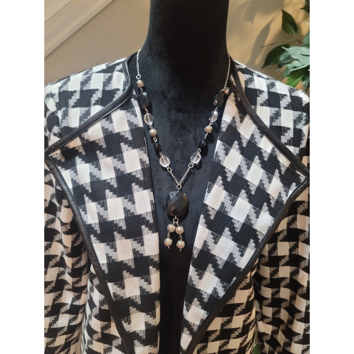 The Limited Duster Jacket Women's Size 6 White/Black Houndstooth Open Front Long Sleeve