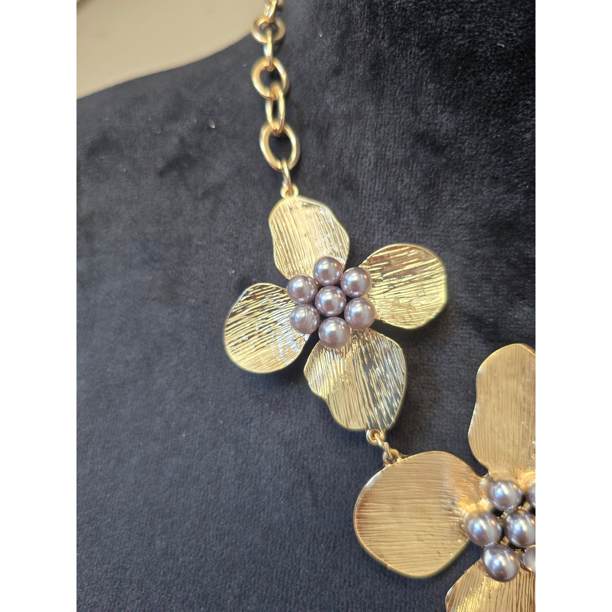 Jaclyn Smith Collection Gold-tone 3 Textured Floral Motifs Statement Necklace