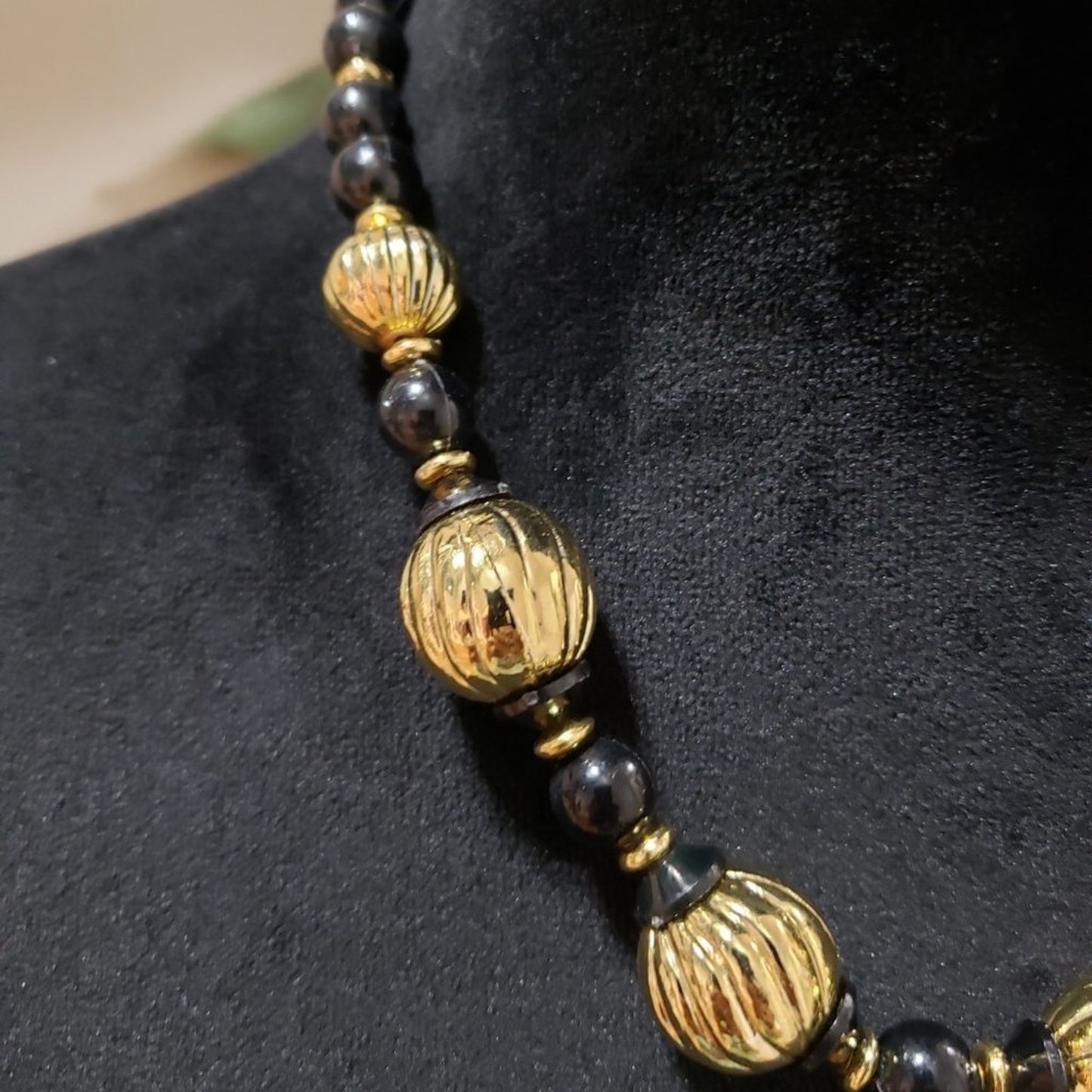 Womens Black Rhinestones Beaded Gold Tone Charm Choker Necklace w/ Round Clasp
